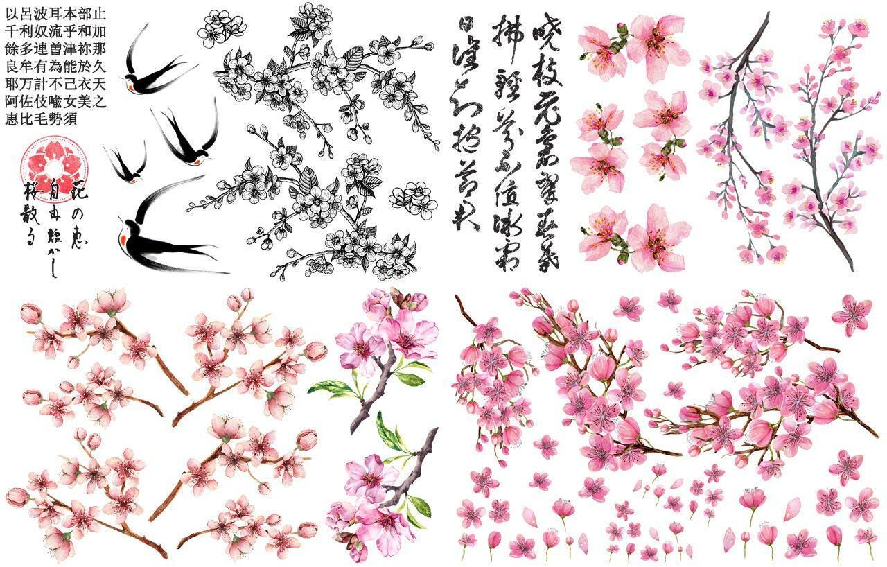 CHERRY BLOSSOM | Large Transfer for Furniture | Retired | Dixie Belle Paint | 24"x38" divided into 4 sheets | cherry blossom, birds, script