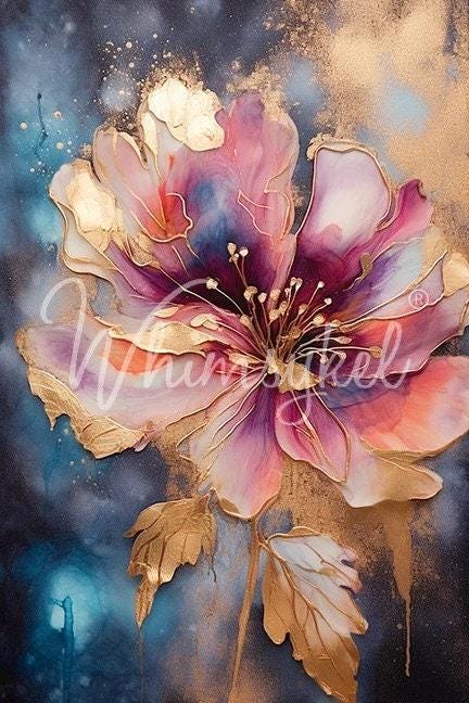FLORAL METALLIC INK | Large Decoupage Tissue Paper for Furniture | Arts & Crafts | 21x29 or 14x20 | Whimsykel Designs | Gold Lined Flower