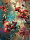 Patina Petals | Decoupage Tissue Paper | Furniture | Arts & Crafts | 21x29 or 14x20 | Whimsykel Designs | flowers on blue/gold background
