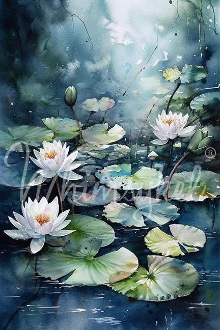 BLUE WATERLILIES | Large Decoupage Tissue Paper for Furniture | Arts & Crafts | 21x29 | Whimsykel Designs  Blooming Lily Pads