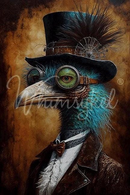 COGSWORTH | Large Decoupage Tissue Paper for Furniture | Arts & Crafts | 21x29 or 14x20 | Whimsykel Designs | Ostrich in Top Hat and Goggles