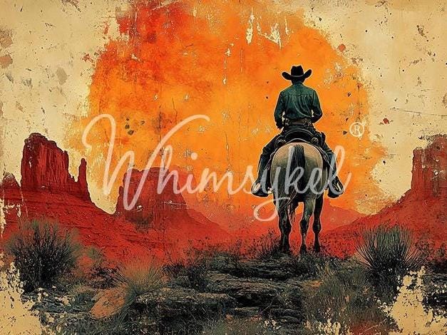 Long Road Home Decoupage Tissue Paper for Furniture 21x29 Whimsykel Designs man on horseback in front of sunset