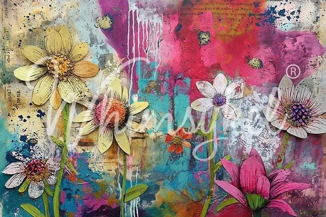 May Flowers Large Decoupage Tissue Paper for Furniture 21x29 Whimsykel Designs Spring Flowers on Abstract Background