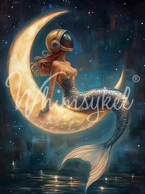 Mermaid Dreams Decoupage Tissue Paper for Furniture 21x29 Whimsykel Designs mermaid astronaut on crescent moon