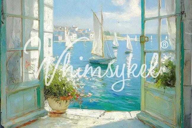 Whimsykel | Bayside Window | Decoupage Tissue Paper | 21"x29" | sailboats on the bay