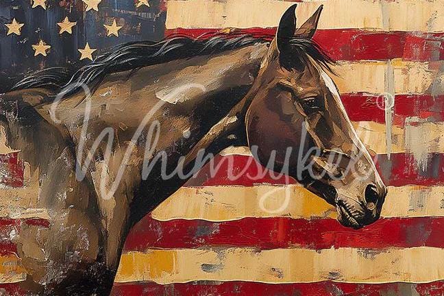 Whimsykel | Simply Stars & Strides | Decoupage Tissue Paper | 21"x29" | Horse in front of American Flag