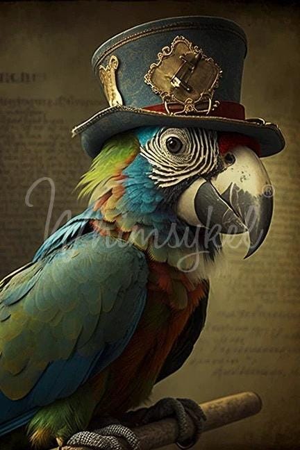 Polly McSquawk Large Decoupage Tissue Paper for Furniture 21x29 Whimsykel Designs Parrot in Top Hat