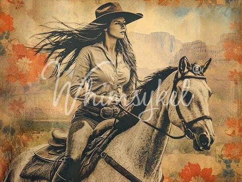 Chasing Horizons | 21”x29” | Large Decoupage Tissue Paper | Whimsykel Designs | woman on horseback Whimsykel