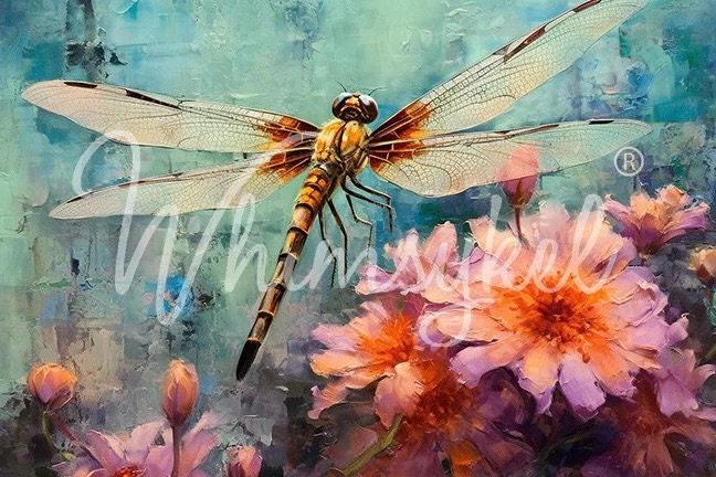 Dragonfly Dance Large Decoupage Tissue Paper for Furniture 21x29 Whimsykel Designs Dragonfly on Pink Flowers