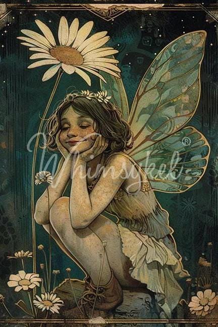 HAPPY DAISY | Large Decoupage Tissue Paper for Furniture | Arts & Crafts | 21x29 | Whimsykel Designs | Fairy Girl Smiling at Flower