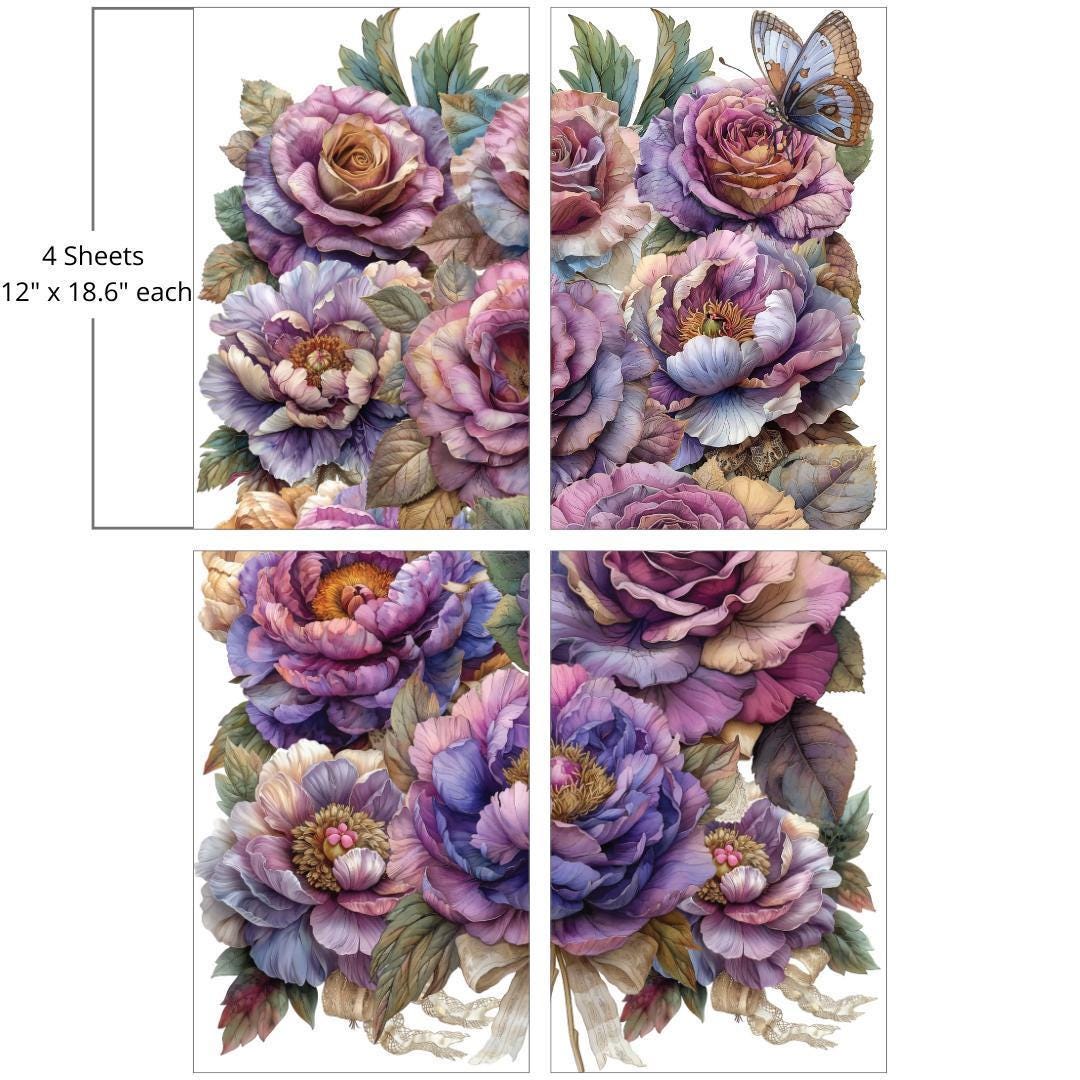 MY FAVORITE BOUQUET | Large Transfer | Dixie Belle Paint Company | 4 sheets of large pink and purple flowers