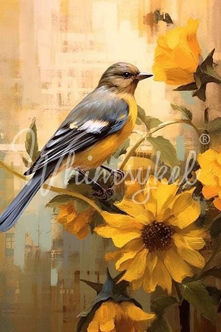 October Bluebird Large Decoupage Tissue Paper for Furniture 21x29 or 14x20 Whimsykel Designs Bird in Yellow Flowers