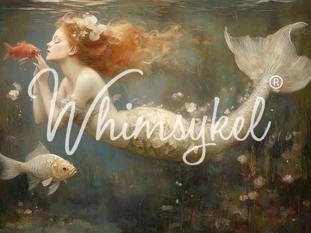 MERMAID KISSES | Large Decoupage Tissue Paper for Furniture | 21x29 Whimsykel Designs | red haired mermaid