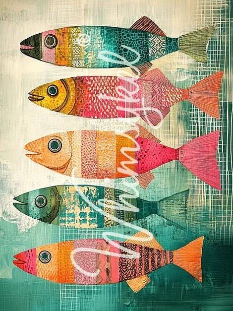 FISH FABLES | Large Decoupage Tissue Paper for Furniture | 21x29 Whimsykel Designs | folk art fish