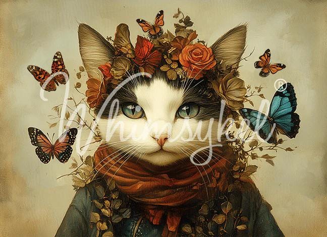 BUTTERFLY WHISPERER | Large Decoupage Tissue Paper for Furniture | 21x29 Whimsykel Designs | cat surrounded by butterflies