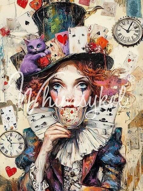 MATTIE HADDER | Large Decoupage Tissue Paper for Furniture | 21x29 Whimsykel Designs | Mattie drinking tea with Cheshire Cat