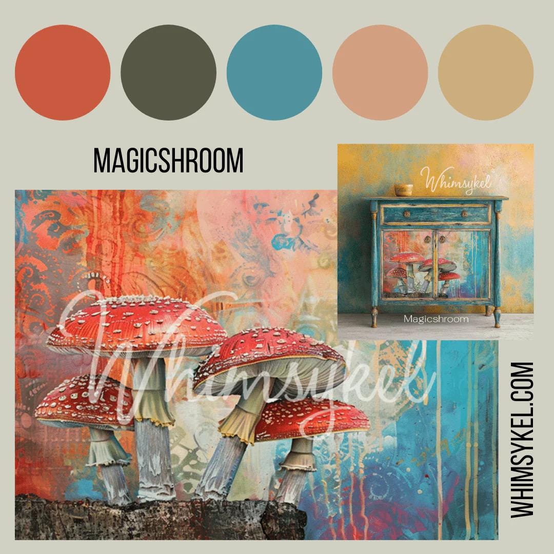 MAGICSHROOM | Large Decoupage Tissue Paper for Furniture | 29x21/20x14/14x10 Whimsykel Designs | red capped mushrooms