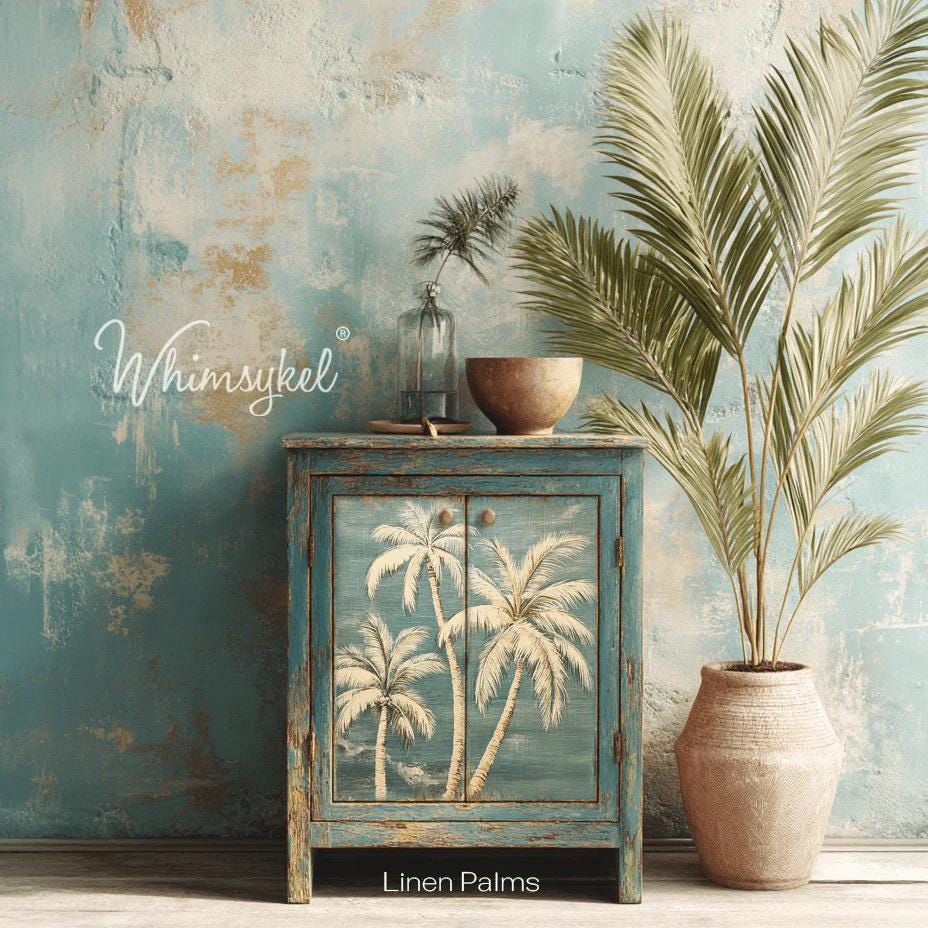 LINEN PALMS | Large Decoupage Tissue Paper for Furniture | 21x29 Whimsykel Designs | distressed palm trees