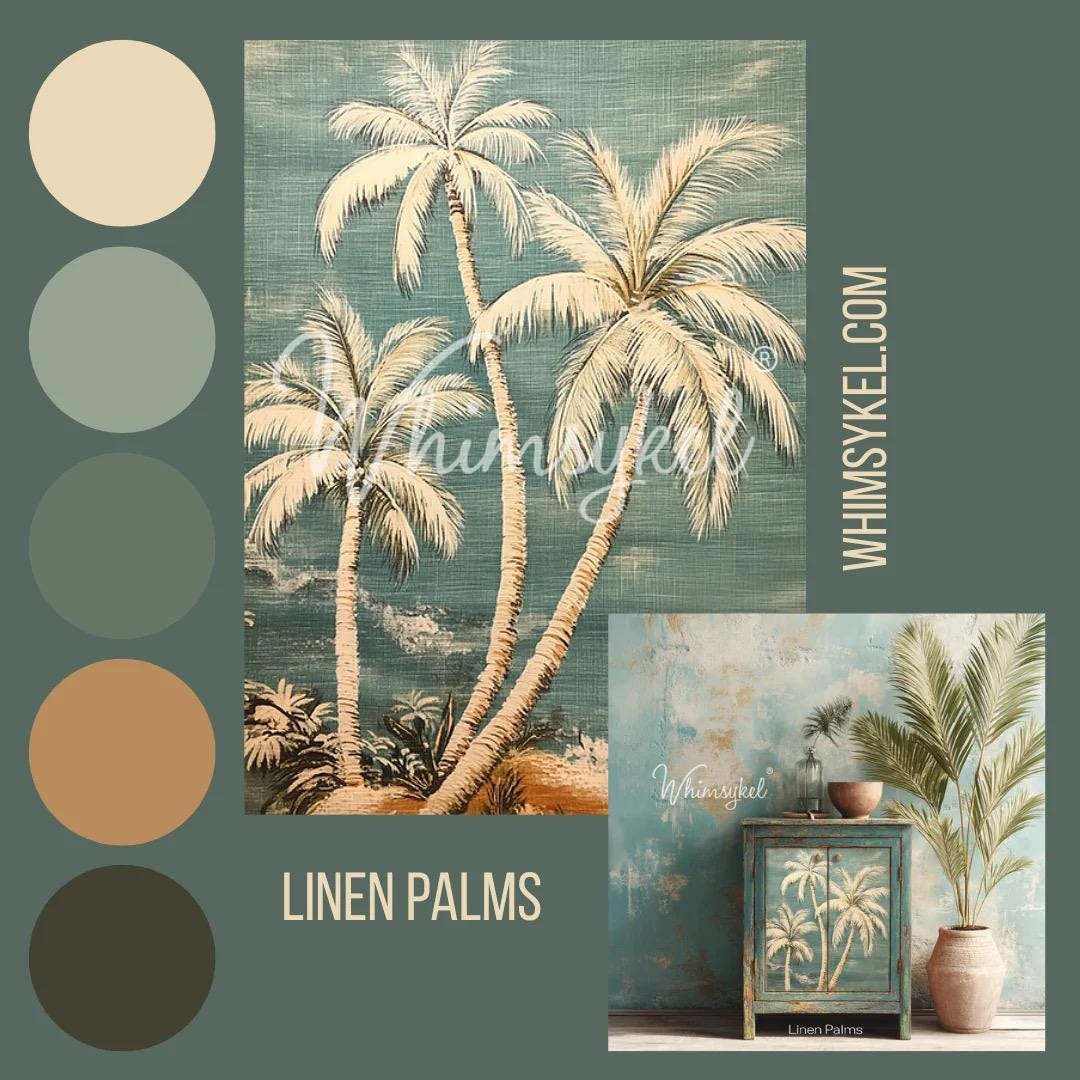 LINEN PALMS | Large Decoupage Tissue Paper for Furniture | 21x29 Whimsykel Designs | distressed palm trees