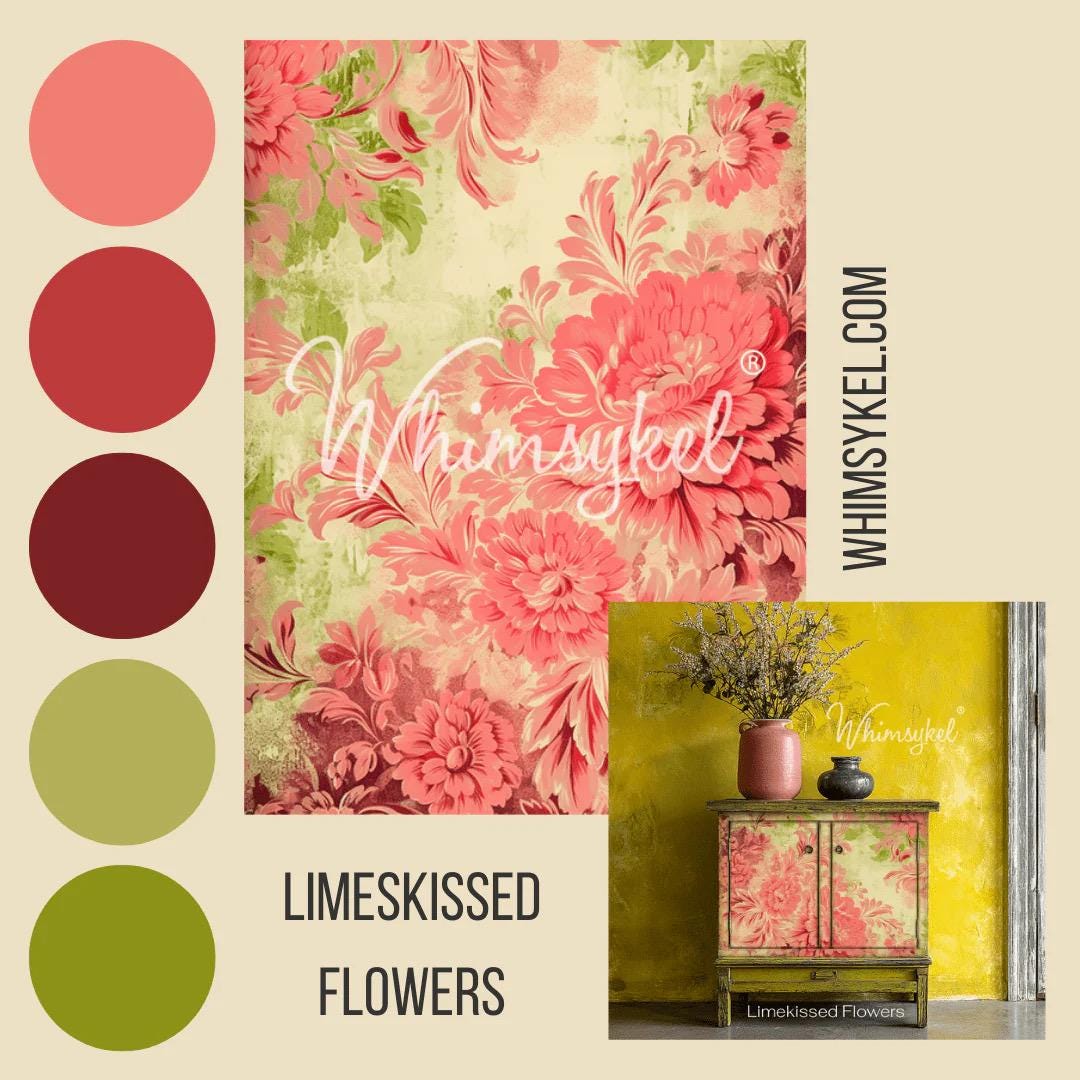 LIMEKISSED FLOWERS | Large Decoupage Tissue Paper for Furniture | 21x29 Whimsykel Designs | sweeping blooms on lime background