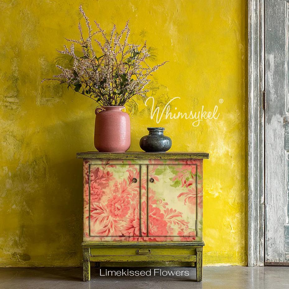 LIMEKISSED FLOWERS | Large Decoupage Tissue Paper for Furniture | 21x29 Whimsykel Designs | sweeping blooms on lime background