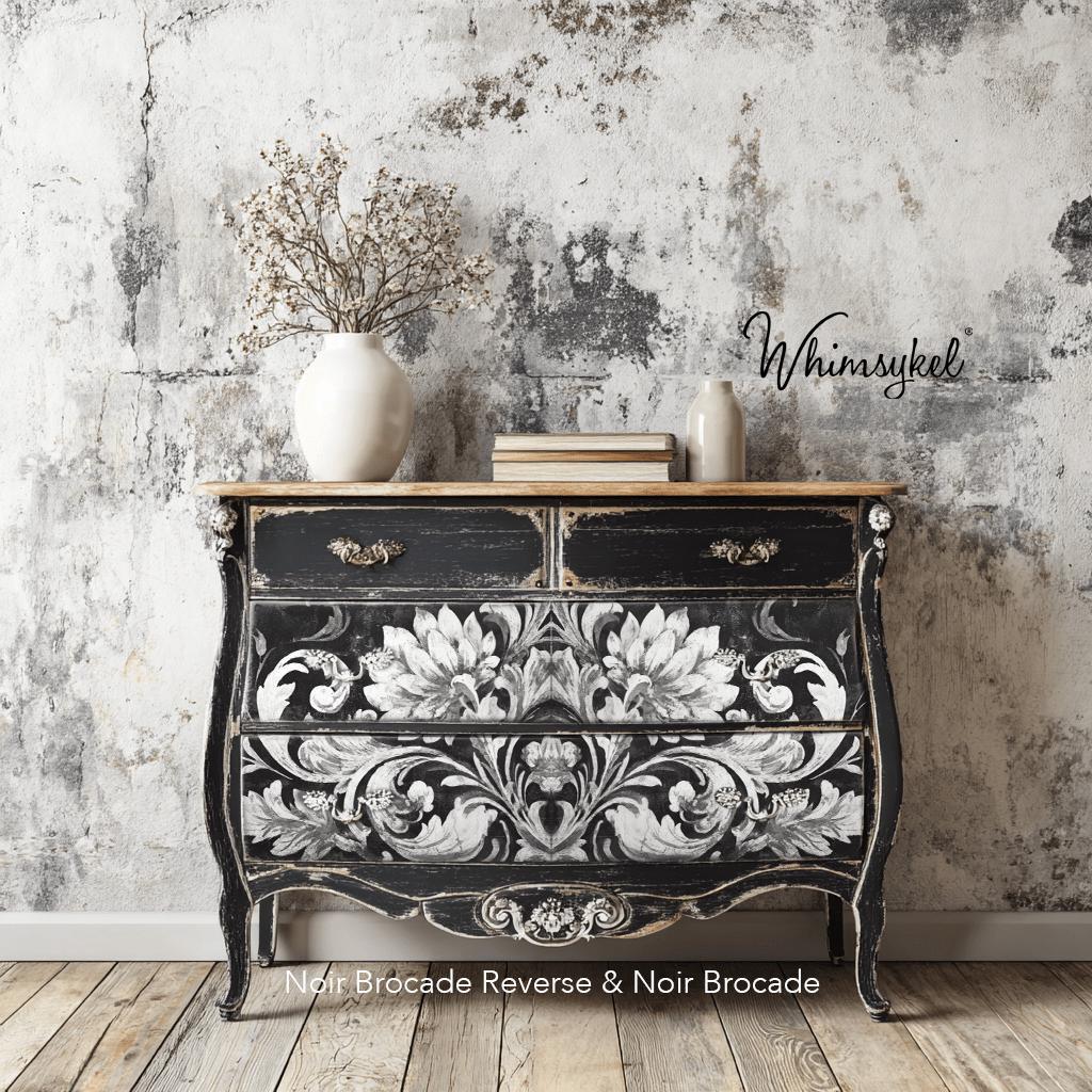 NOIR BROCADE | Large Decoupage Tissue Paper for Furniture | 14x20 or 21x29 | Whimsykel Designs | monochrome brocade