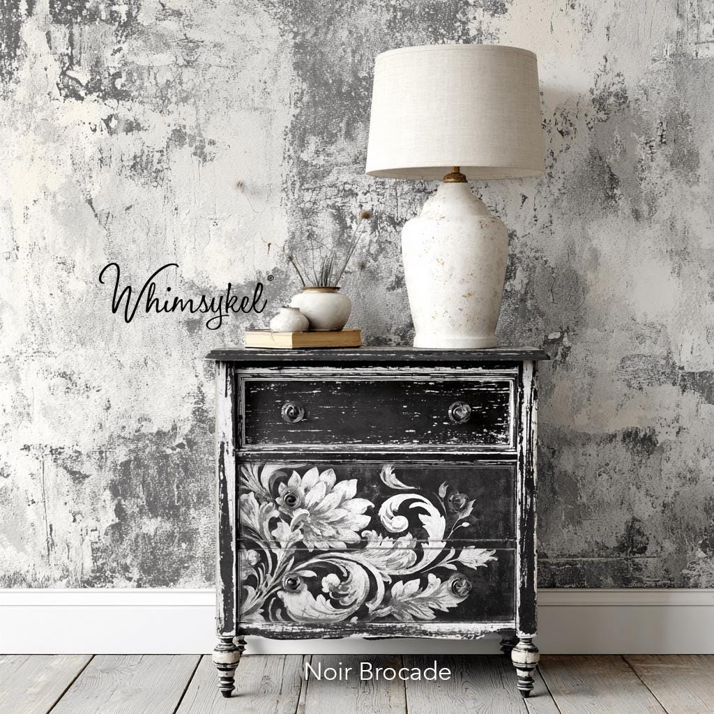NOIR BROCADE | Large Decoupage Tissue Paper for Furniture | 14x20 or 21x29 | Whimsykel Designs | monochrome brocade