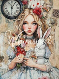 Allison Wonderland | 21”x29” | Large Decoupage Tissue Paper | Whimsykel Designs | Allison holding a rabbit in front of cards