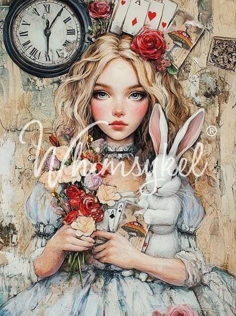 ALLISON WONDERLAND | Large Decoupage Tissue Paper for Furniture | 21x29 Whimsykel Designs | Allison holding a rabbit in front of cards