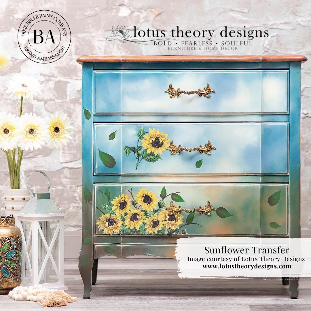 SUNFLOWERS | Transfer for Furniture | Retired | Dixie Belle Paint | 24"x38" divided into 4 sheets | lots of different sunflower designs