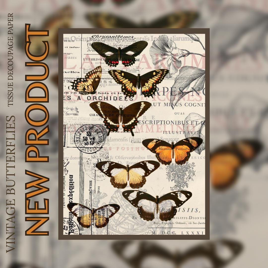 VINTAGE BUTTERFLIES | 21"x29" | Rice Decoupage Paper | For Furniture | Crafts | Art | Dixie Belle Paint
