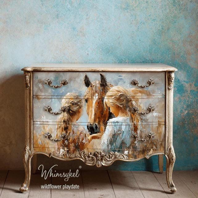 WILDFLOWER PLAYDATE | Large Decoupage Tissue Paper for Furniture | Arts & Crafts | 21x29 or 14"x20" | Whimsykel Designs | two girls w horse