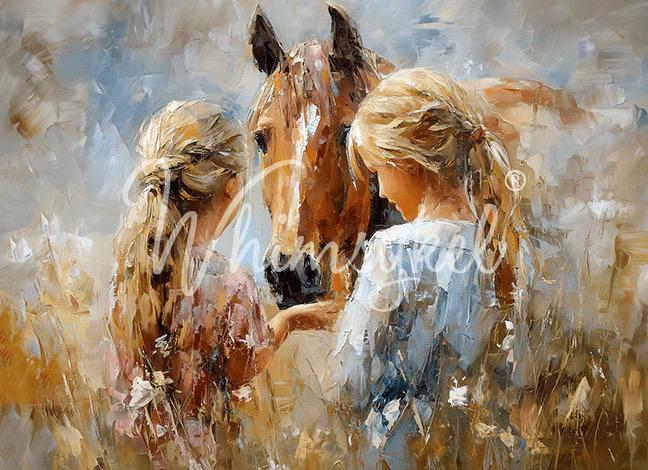 WILDFLOWER PLAYDATE | Large Decoupage Tissue Paper for Furniture | Arts & Crafts | 21x29 or 14"x20" | Whimsykel Designs | two girls w horse