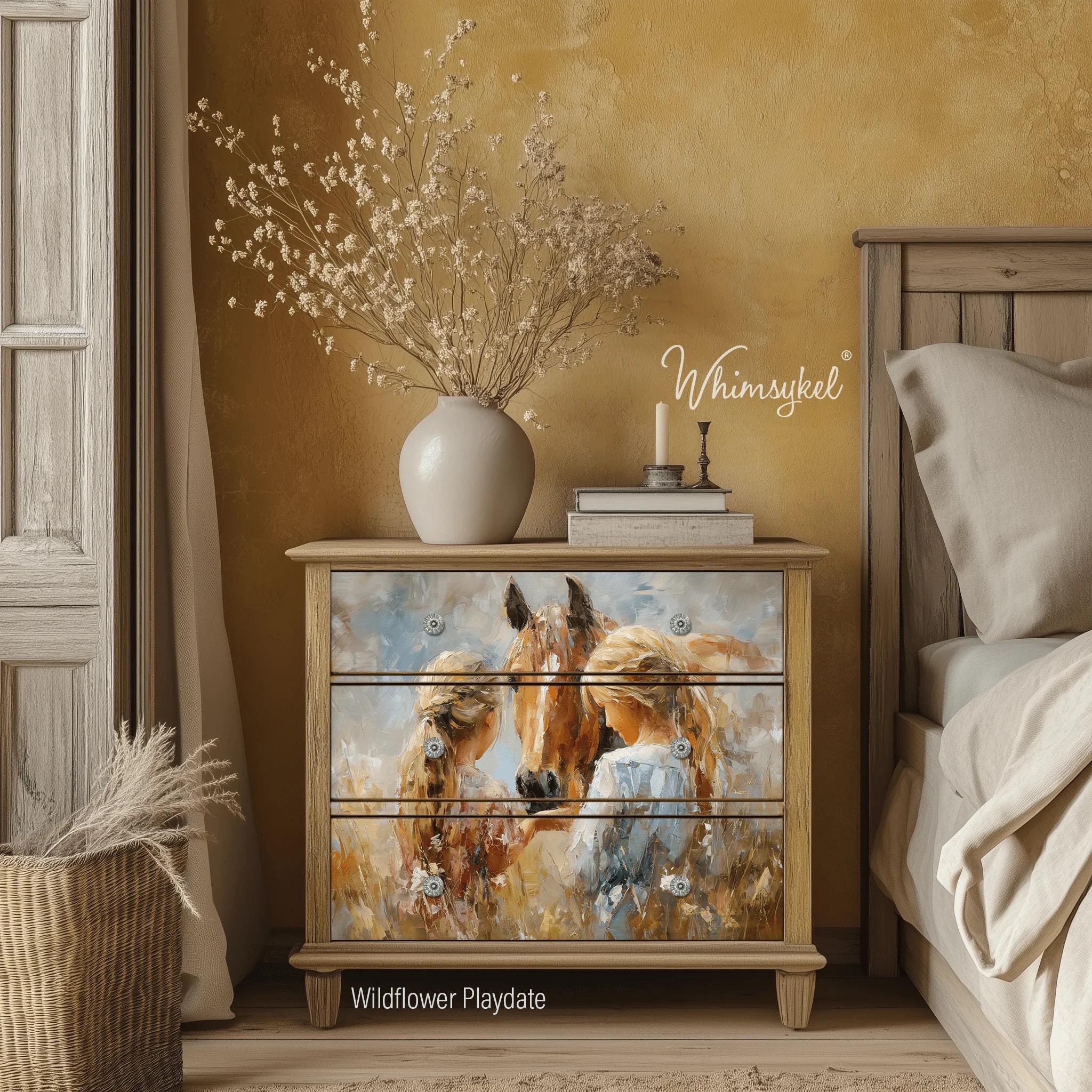 WILDFLOWER PLAYDATE | Large Decoupage Tissue Paper for Furniture | Arts & Crafts | 21x29 or 14"x20" | Whimsykel Designs | two girls w horse
