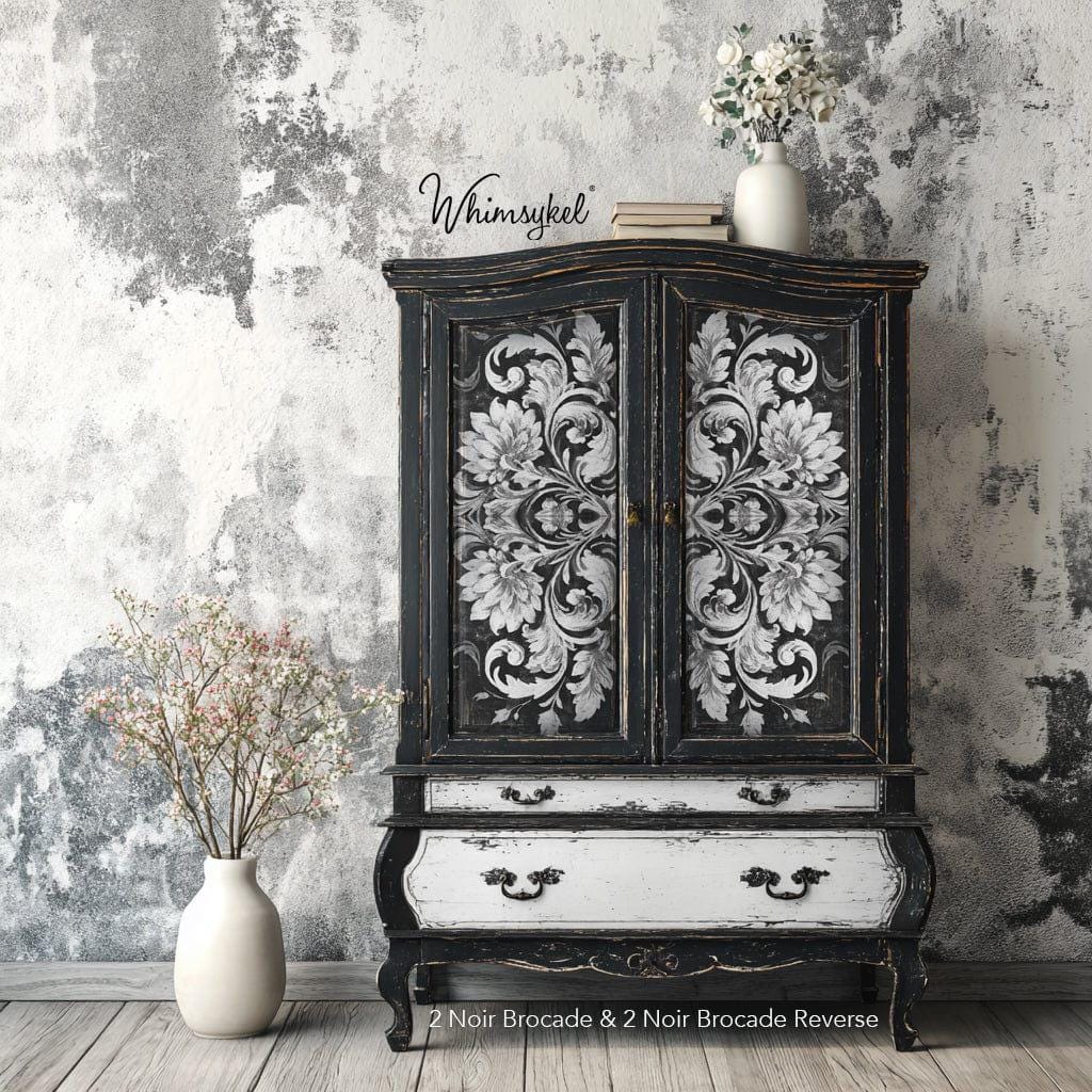 NOIR BROCADE | Large Decoupage Tissue Paper for Furniture | 14x20 or 21x29 | Whimsykel Designs | monochrome brocade