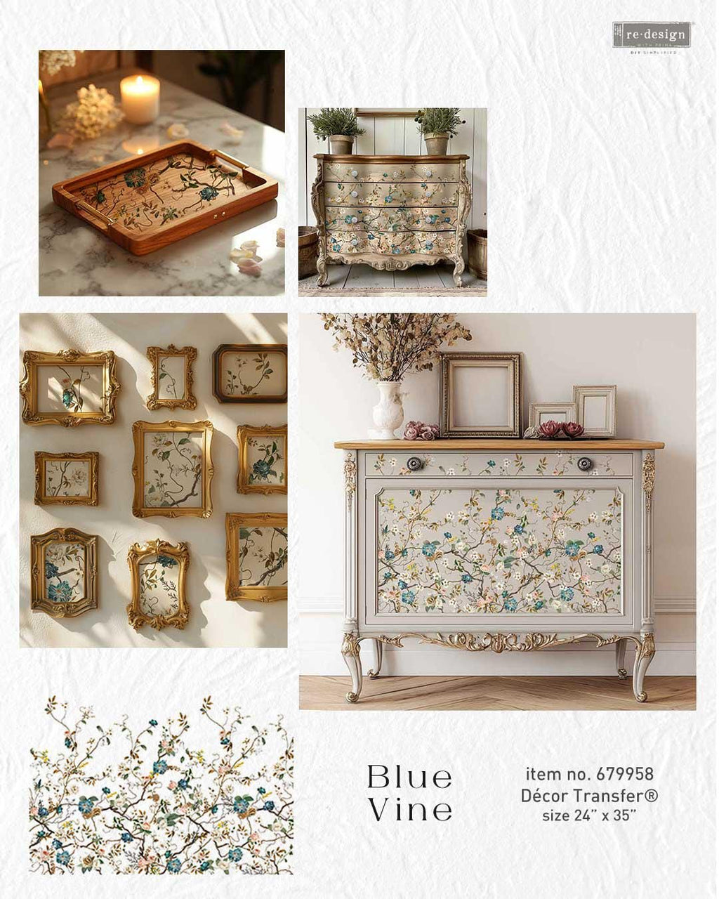 BLUE VINE | Decor Transfers | Redesign With Prima | Rub on Transfers | Furniture | Arts & Crafts | 24"X35", cut into 4 sheets