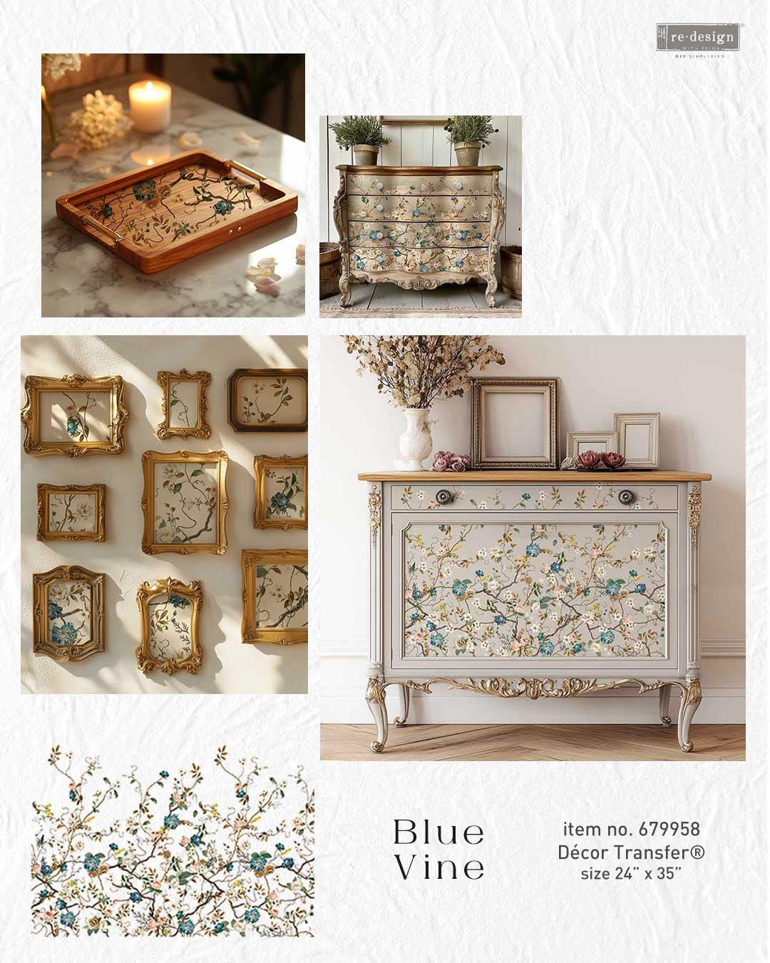 BLUE VINE | Decor Transfers | Redesign With Prima | Rub on Transfers | Furniture | Arts & Crafts | 24"X35", cut into 4 sheets