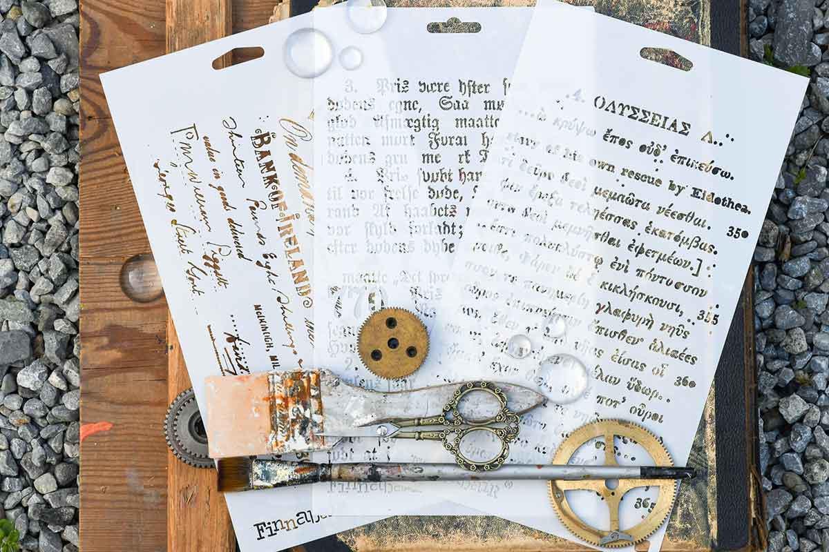 OLD PAGES | Stencil Set | Furniture | Arts & Crafts | 6"x9"; 3 stencils | Redesign with Prima | manuscripts/anciet Greek