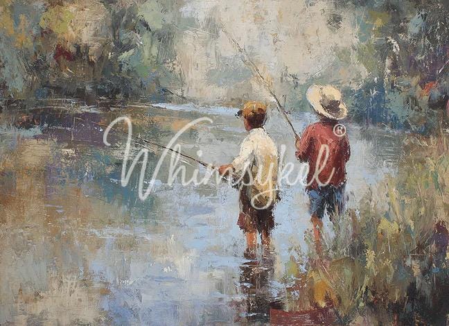 JUST FISHING | Large Decoupage Tissue Paper for Furniture | Arts & Crafts | 21x29 or 14"x20" | Whimsykel Designs | two boys fishing