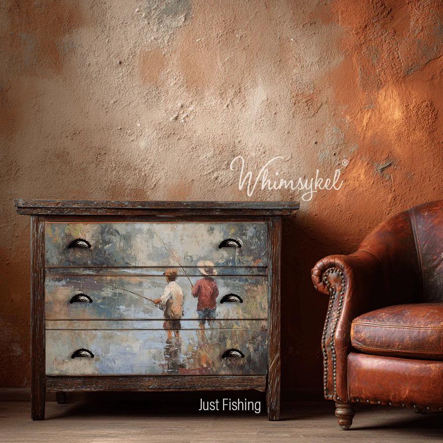 JUST FISHING | Large Decoupage Tissue Paper for Furniture | Arts & Crafts | 21x29 or 14"x20" | Whimsykel Designs | two boys fishing