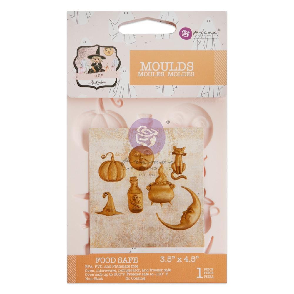 Packaged moulds with Halloween-themed designs on a white background