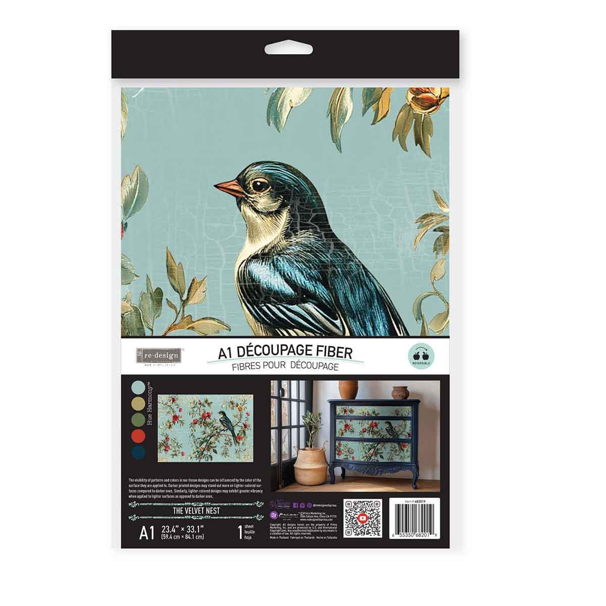 THE VELVET NEST | Decoupage Decor Tissue Paper for Furniture | 23.4x33.1 | Redesign with Prima | birds on robins blue background