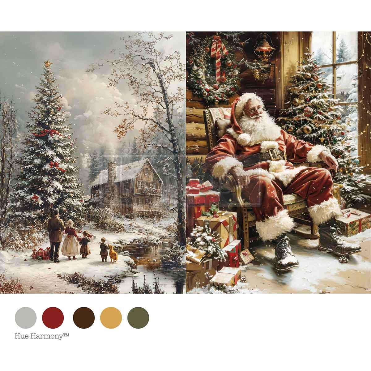 SILENT NIGHT STORIES | Decoupage Decor Tissue Paper for Furniture | 1 sheet, 8.27x11.69 | Redesign with Prima | santa and christmas tree